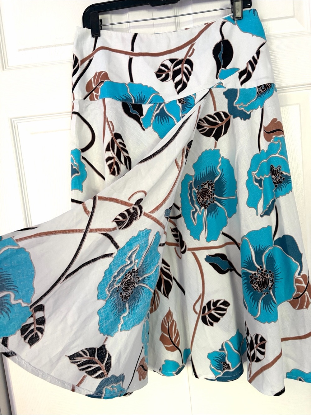Polvere Pure Linen Italy Floral Flared Open Front Skirt White Blue size Large - Picture 3 of 16